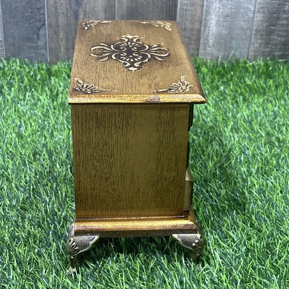 Vintage Florentine Music Jewelry Box Made in Japan Gold Gilt Wood 3 Drawer